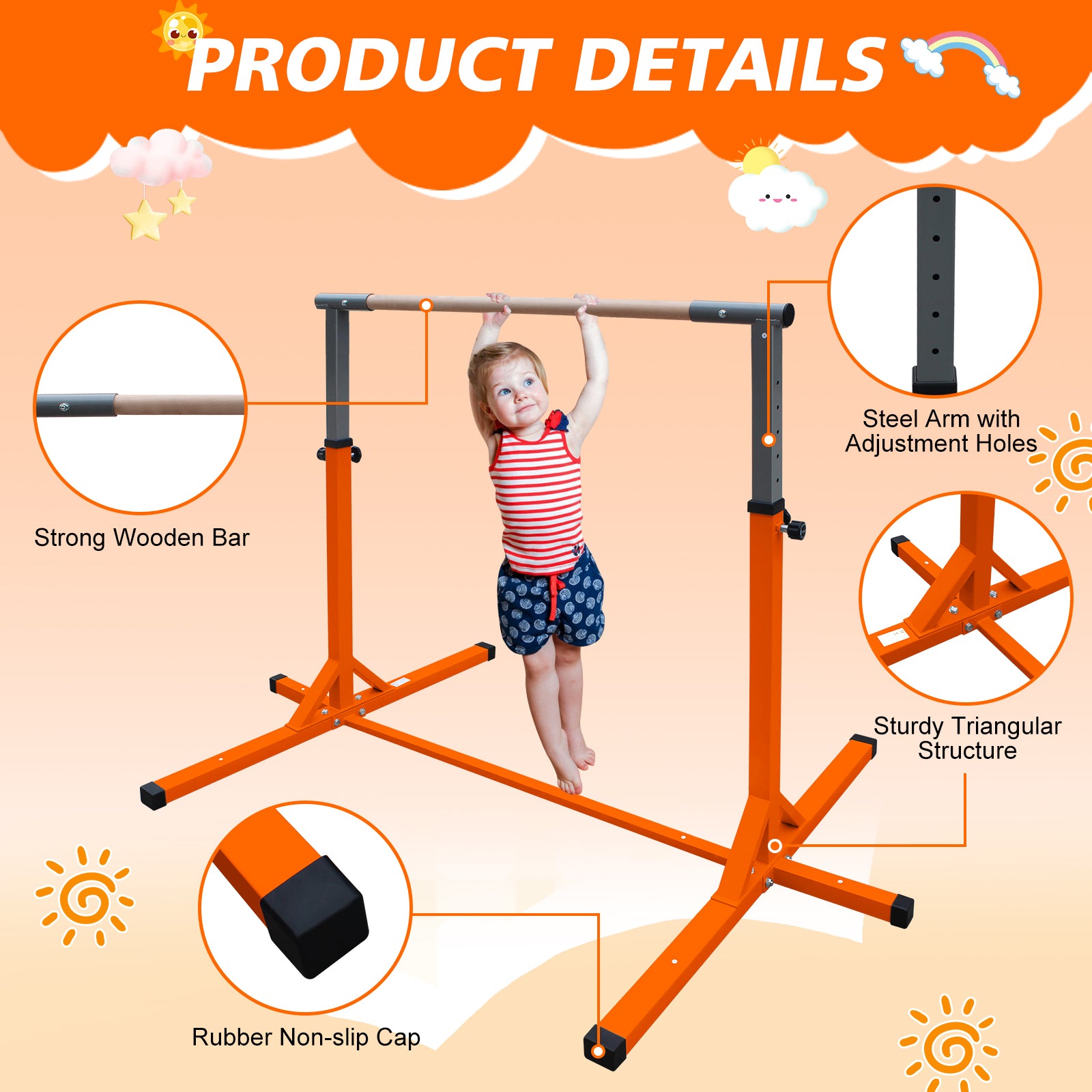 Gymnastics Bar for Kids, Adjustable Height Gym Bar, Junior Training Kip Bar for Home, Built for kids 3+ Years Orange