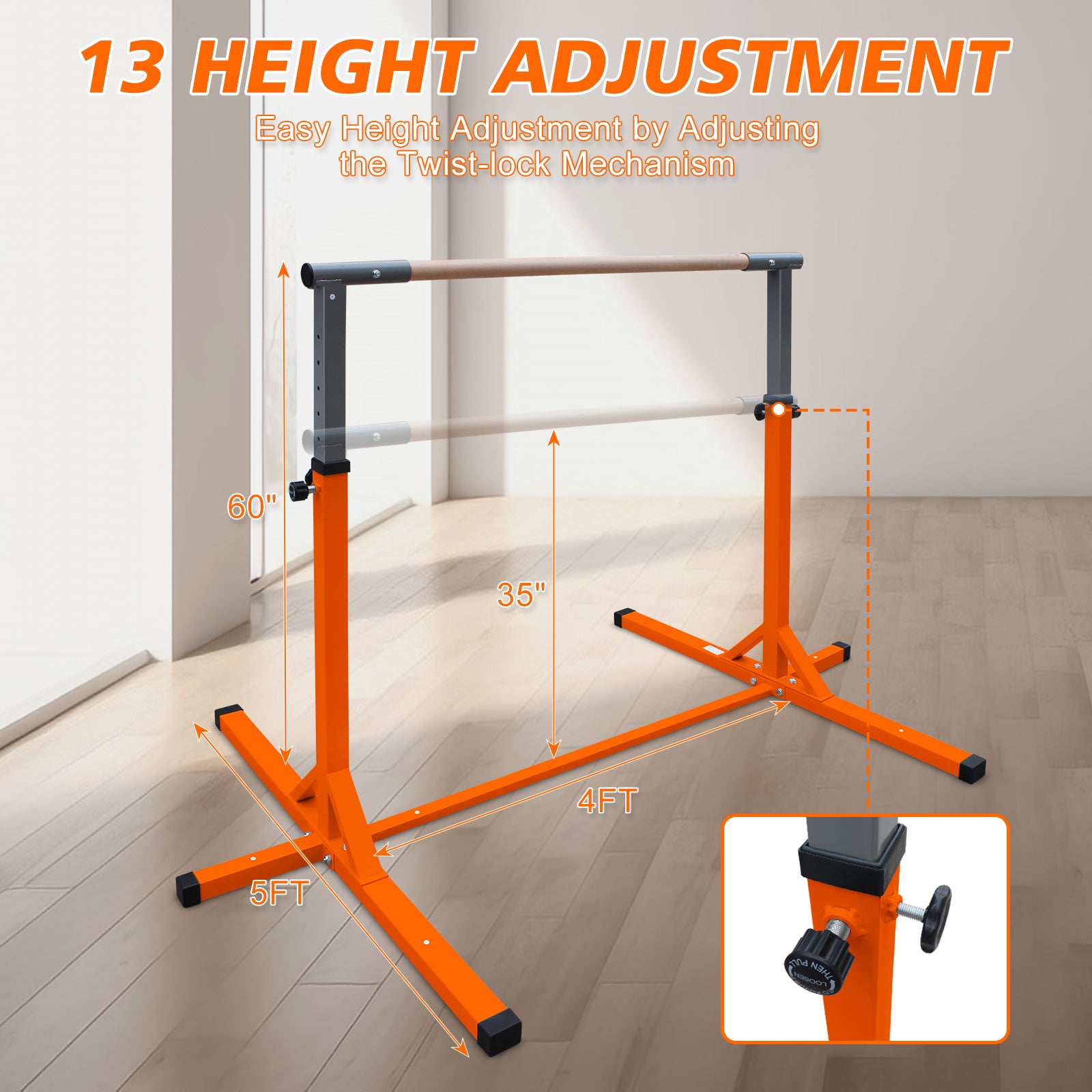 Gymnastics Bar for Kids, Adjustable Height Gym Bar, Junior Training Kip Bar for Home, Built for kids 3+ Years Orange