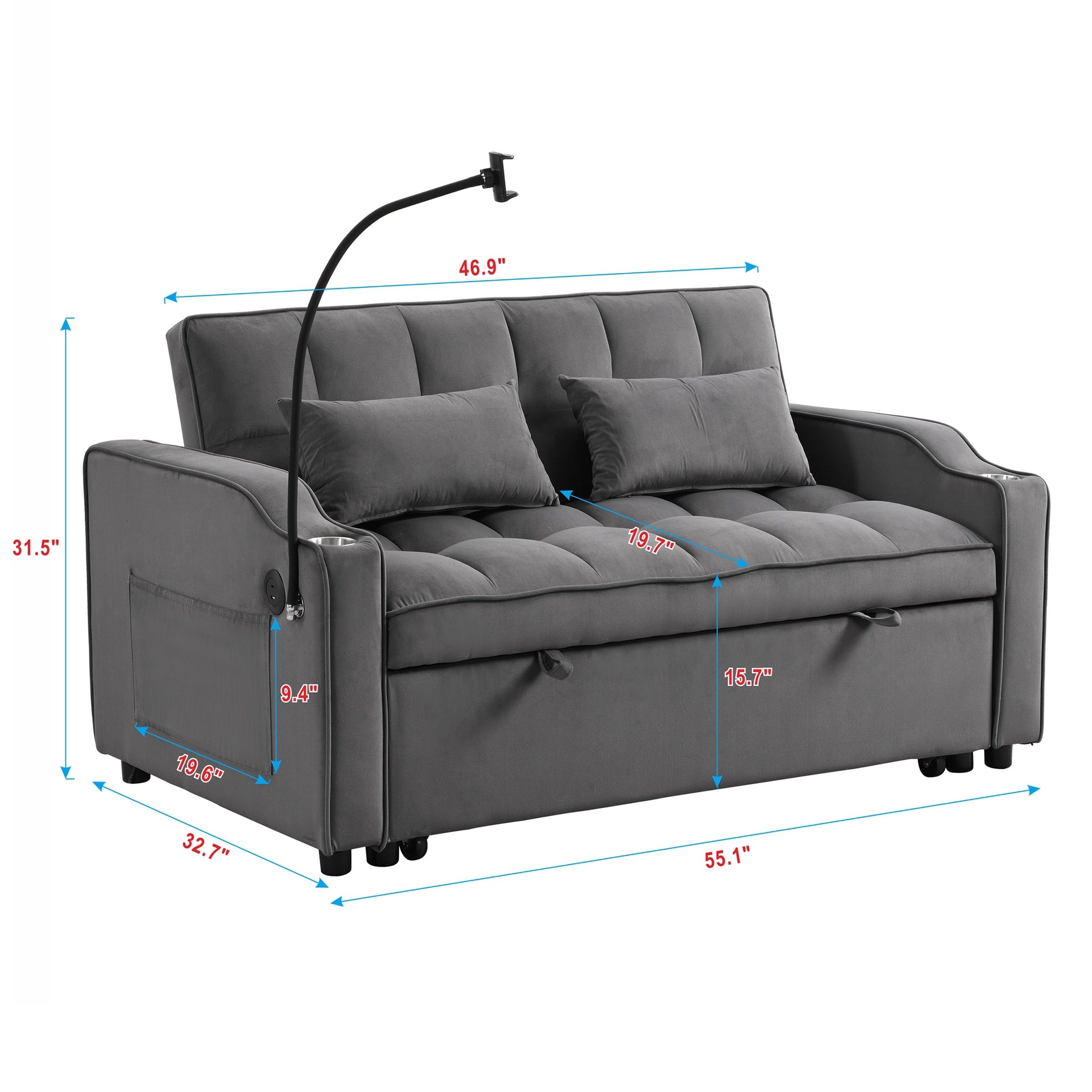 Modern Velvet Loveseat Futon Sofa Couch w/Pullout Bed,Small Love Seat Lounge Sofa with adjustable Reclining Backrest,Toss Pillows, Pockets,Furniture for Living Room,3 in 1 Convertible Sleeper Sofa Bed