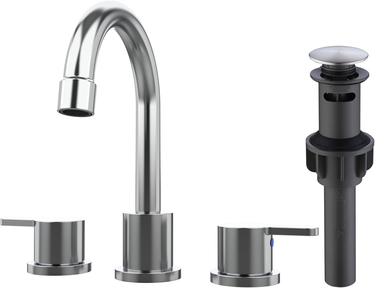 Widespread Bathroom Sink Faucet Chrome 2 Handle 8 inch Lavatory Faucet 3 Hole 360° Swivel Spout Vanity Sink Basin Faucets with Pop Up Drain Assembly