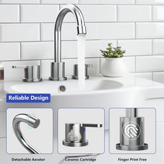 Widespread Bathroom Sink Faucet Chrome 2 Handle 8 inch Lavatory Faucet 3 Hole 360° Swivel Spout Vanity Sink Basin Faucets with Pop Up Drain Assembly
