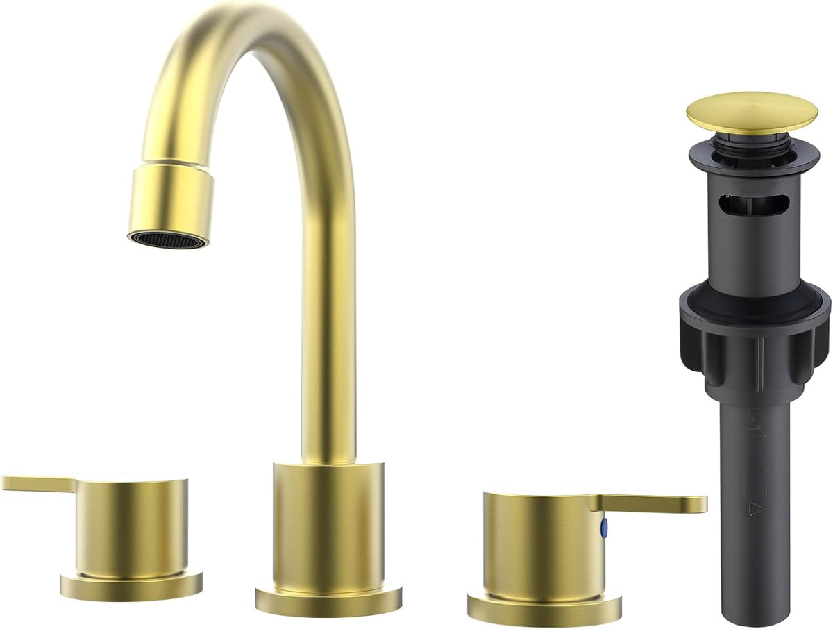 Widespread Bathroom Sink Faucet Brushed Gold 2 Handle 8 inch Lavatory Faucet 3 Hole 360° Swivel Spout Vanity Sink Basin Faucets with Pop Up Drain Assembly