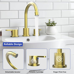 Widespread Bathroom Sink Faucet Brushed Gold 2 Handle 8 inch Lavatory Faucet 3 Hole 360° Swivel Spout Vanity Sink Basin Faucets with Pop Up Drain Assembly