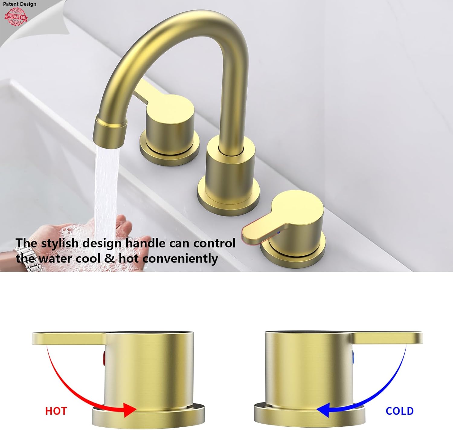 Widespread Bathroom Sink Faucet Brushed Gold 2 Handle 8 inch Lavatory Faucet 3 Hole 360° Swivel Spout Vanity Sink Basin Faucets with Pop Up Drain Assembly