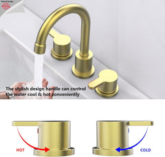 Widespread Bathroom Sink Faucet Brushed Gold 2 Handle 8 inch Lavatory Faucet 3 Hole 360° Swivel Spout Vanity Sink Basin Faucets with Pop Up Drain Assembly