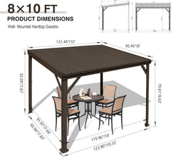 8' x 10' Lean to Gazebo, Wall Mounted Gazebos Pergola with Built in Drainage System, Galvanized Steel Roof, Hardtop Patio Shelter for Deck, Porch, Backyard and More,Brown