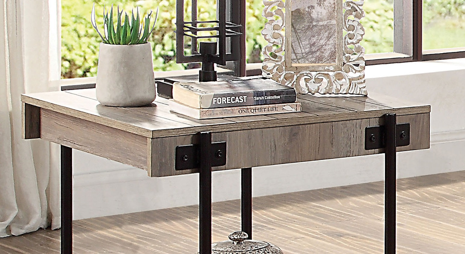 Industrial Style 1pc End Table Open Bottom Shelf Replicate Wood Wheel Legs Slat Design Natural Tone And Black Finish