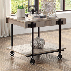 Industrial Style 1pc End Table Open Bottom Shelf Replicate Wood Wheel Legs Slat Design Natural Tone And Black Finish