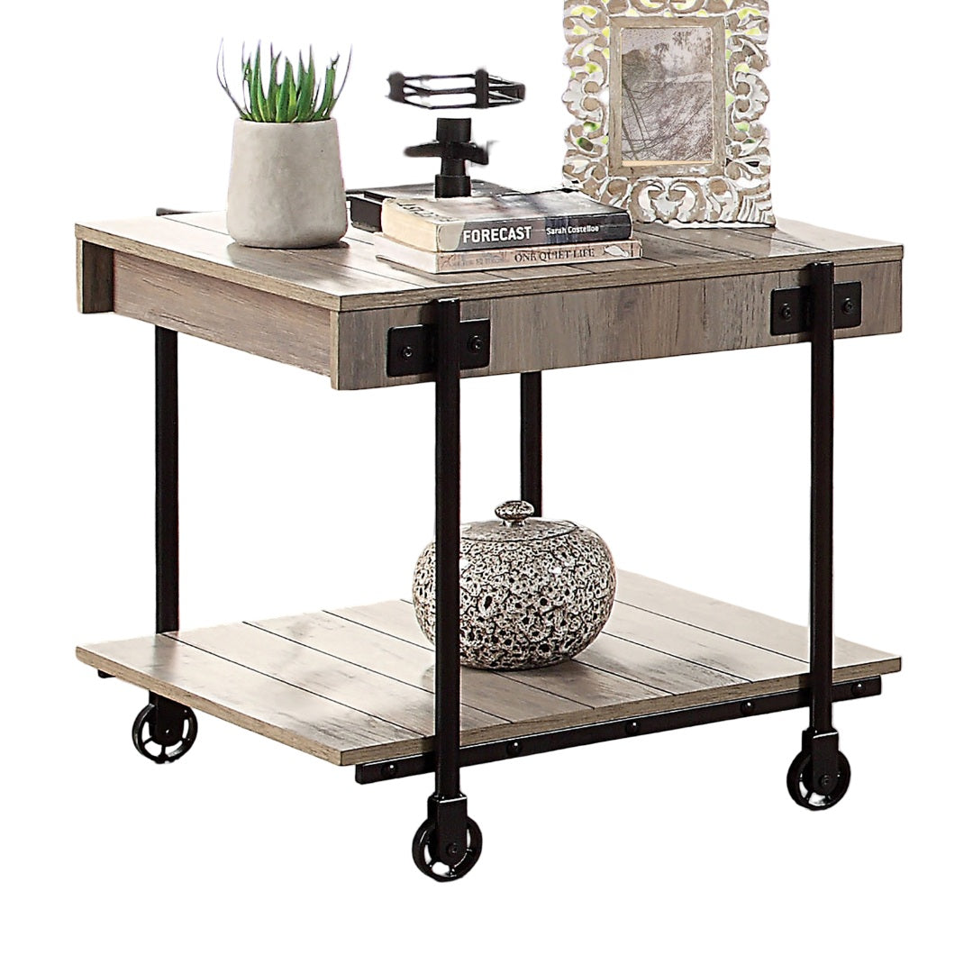 Industrial Style 1pc End Table Open Bottom Shelf Replicate Wood Wheel Legs Slat Design Natural Tone And Black Finish