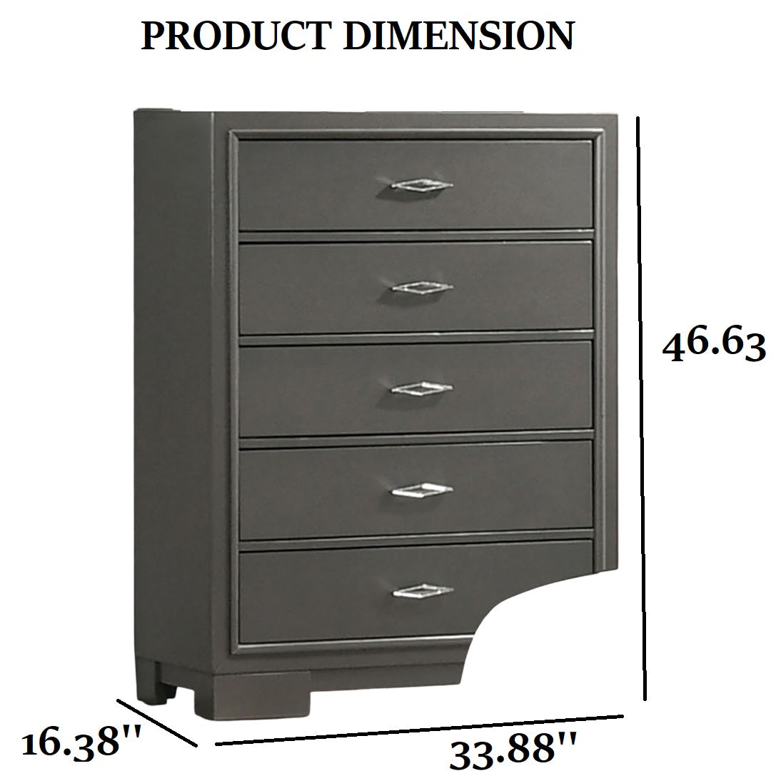 1pc chest Contemporary Style Five Drawers Acrylic Drawers Handles Bracket Feet Metallic Grey Finish