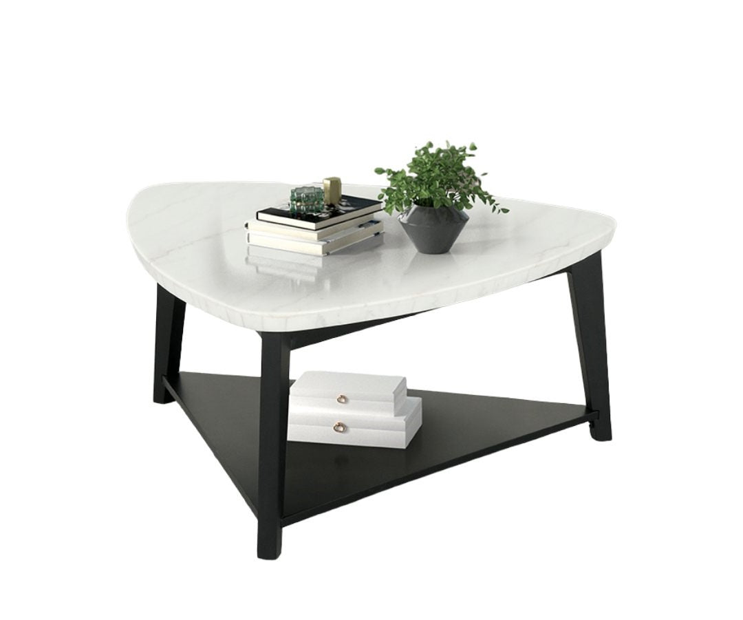 Contemporary Style Triangle Coffee Table Bottom Storage Space Marble Top White And Black Finish Primary Living Room