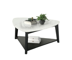 Contemporary Style Triangle Coffee Table Bottom Storage Space Marble Top White And Black Finish Primary Living Room