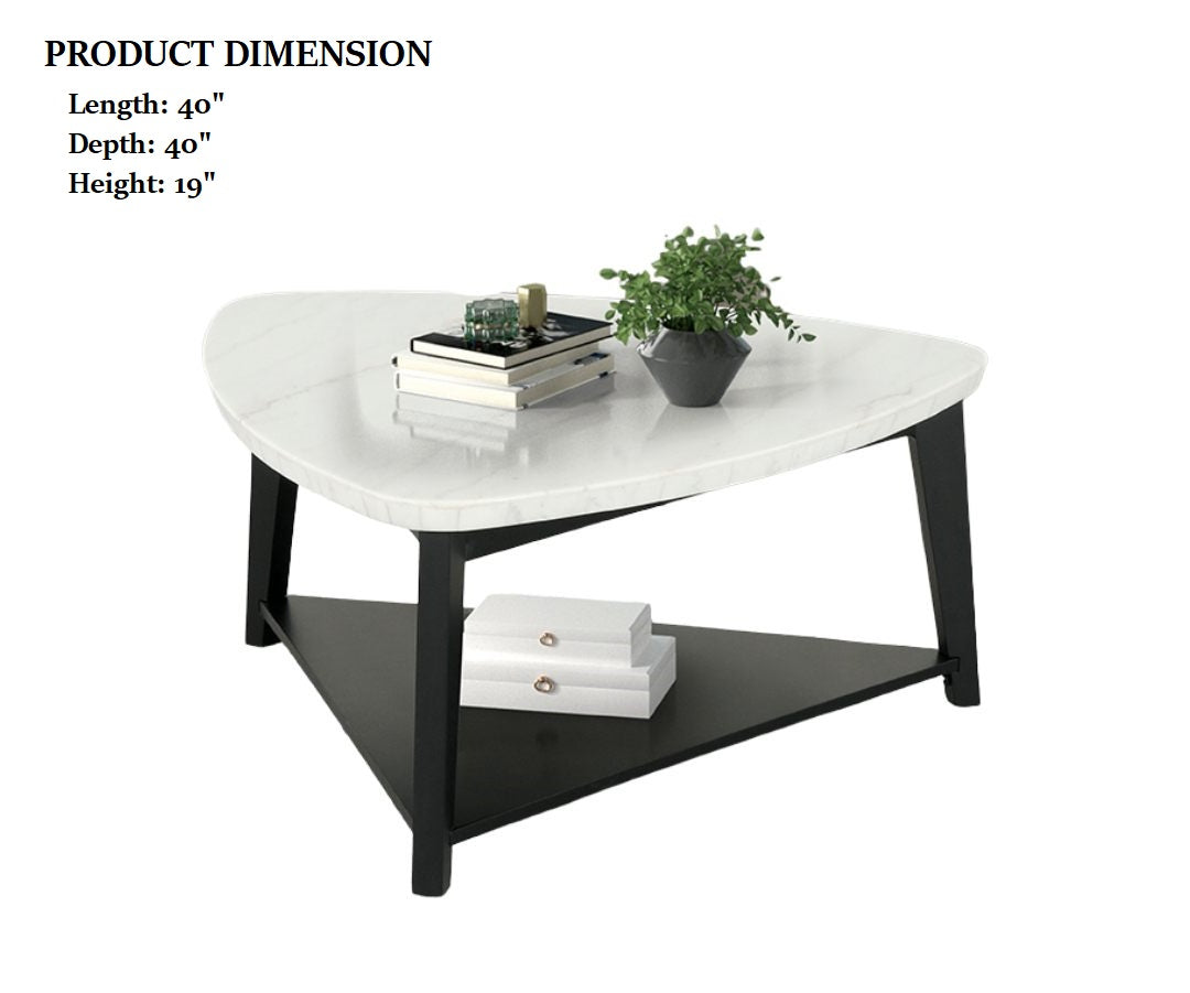 Contemporary Style Triangle Coffee Table Bottom Storage Space Marble Top White And Black Finish Primary Living Room