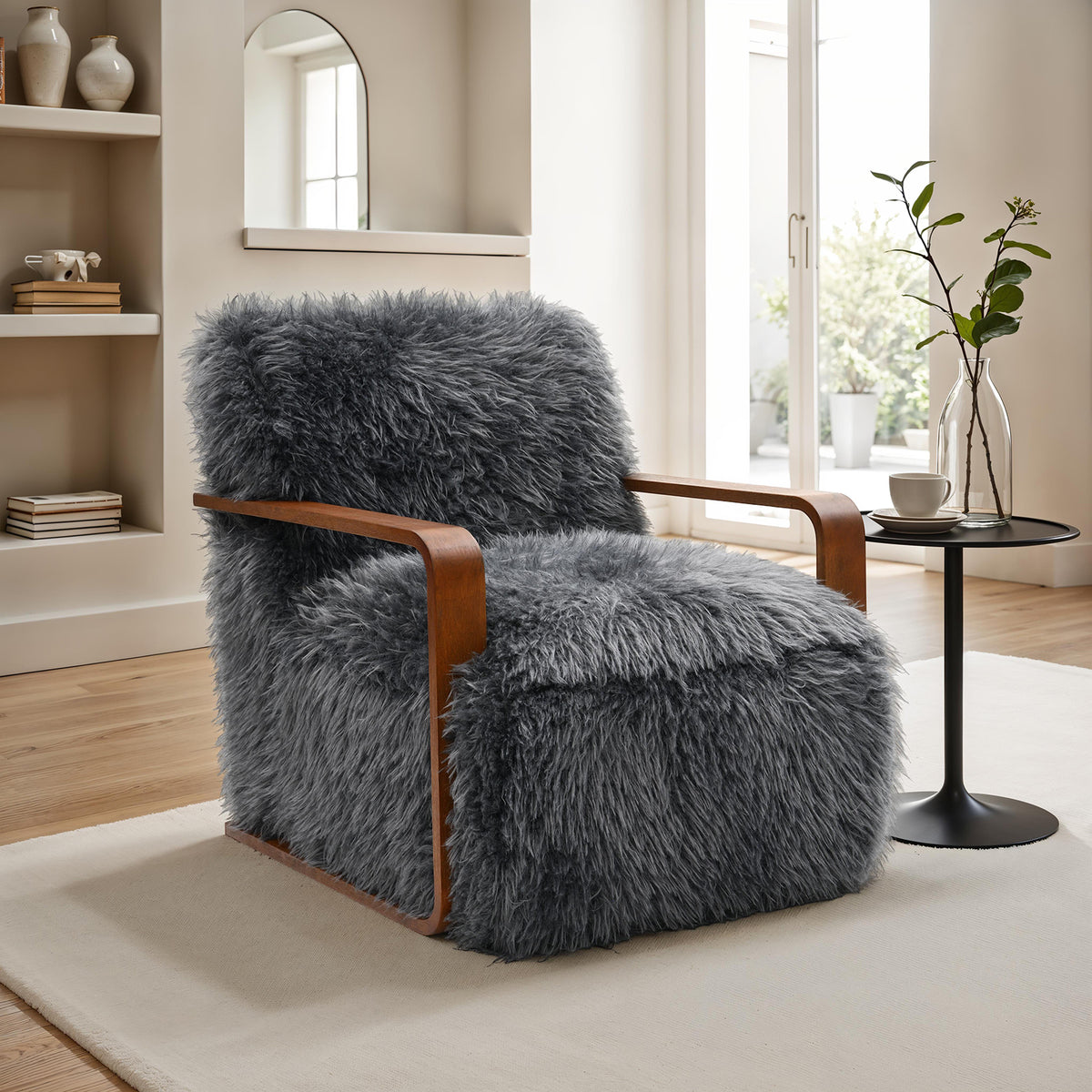 Charcoal Gray Finish 1pc Accent Chair Long Soft Faux Fur Retro Inspired Curve Wooden Arms Tight Seat And Back Primary living Room