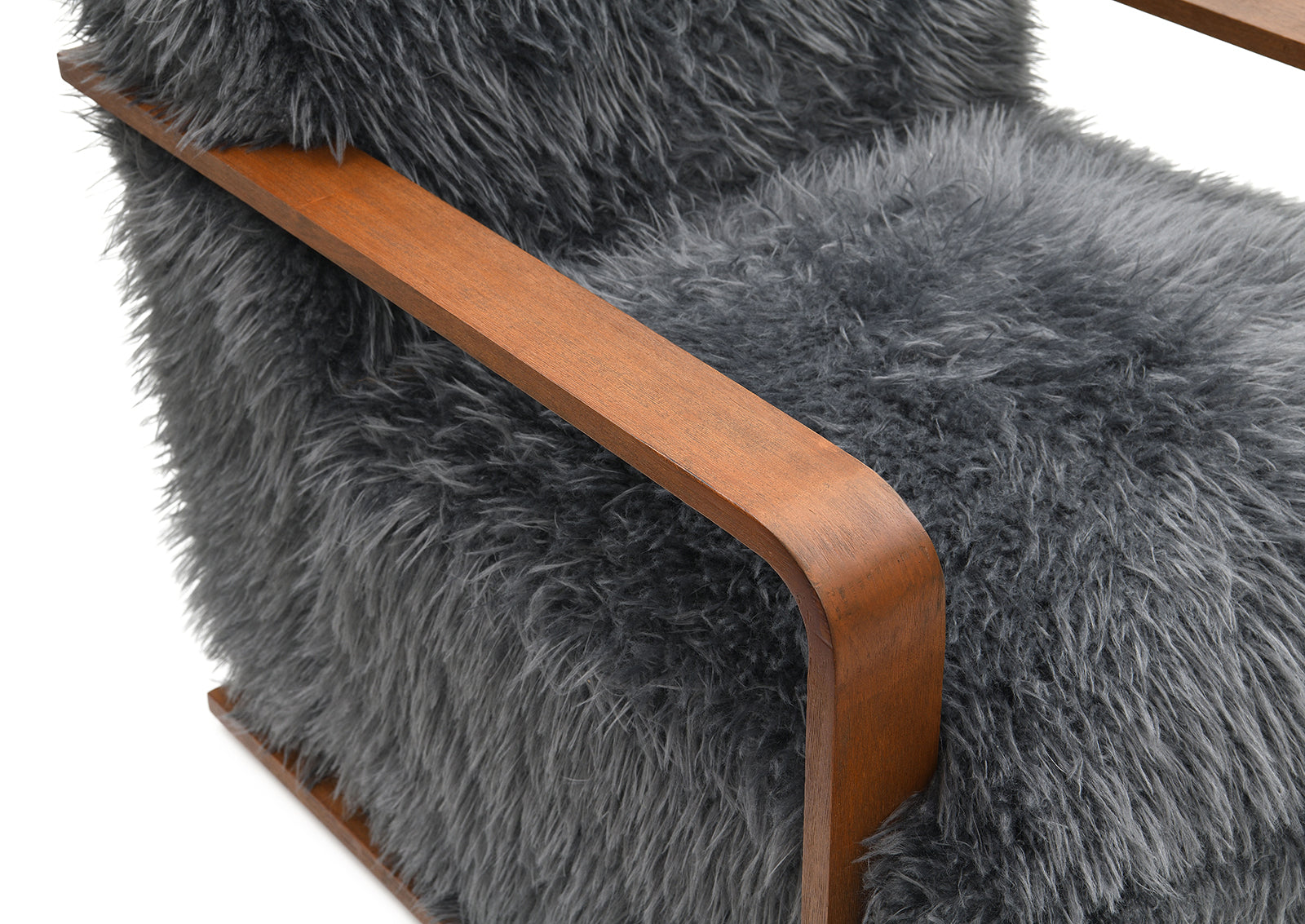 Charcoal Gray Finish 1pc Accent Chair Long Soft Faux Fur Retro Inspired Curve Wooden Arms Tight Seat And Back Primary living Room