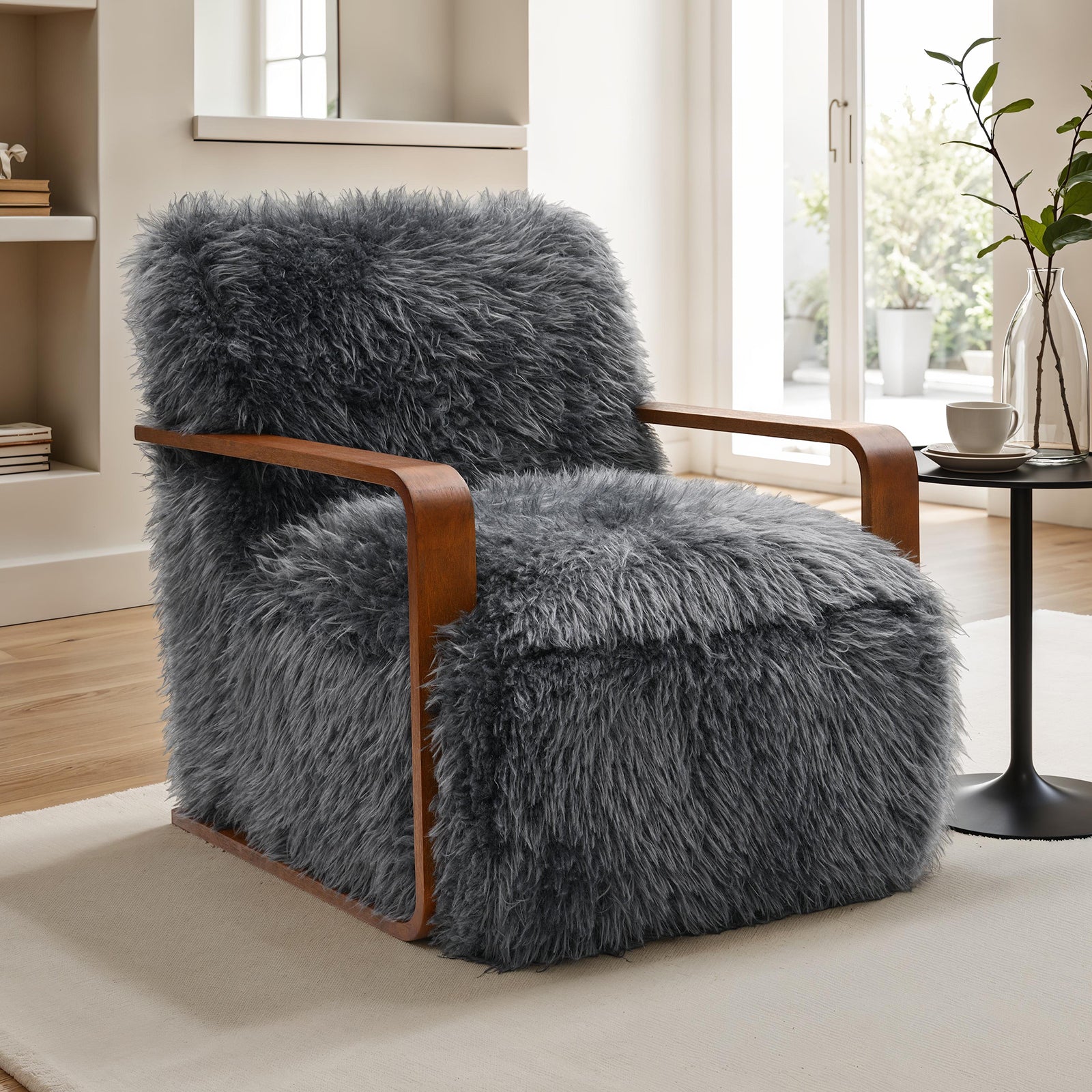 Charcoal Gray Finish 1pc Accent Chair Long Soft Faux Fur Retro Inspired Curve Wooden Arms Tight Seat And Back Primary living Room
