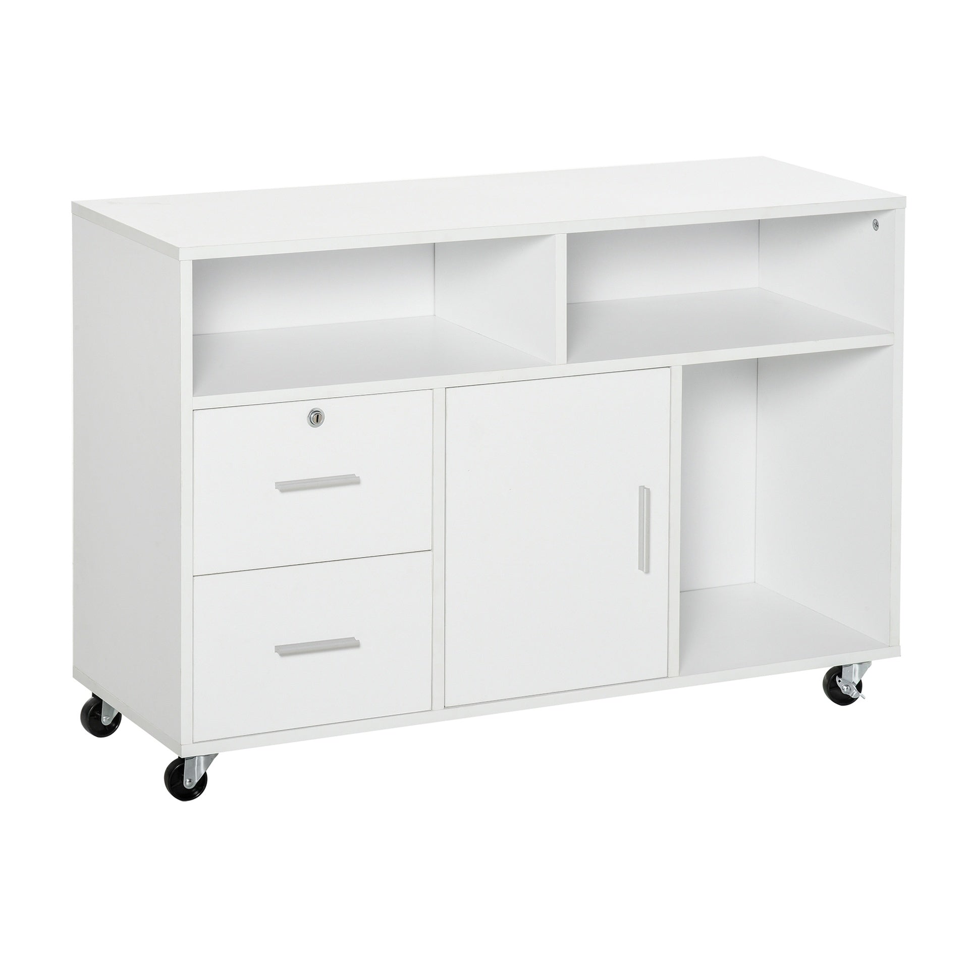 HOMCOM Printer Stand Home Office Mobile Cabinet Organizer Desktop with Caster Wheels, 2 Locking Breaks and Drawer, White
