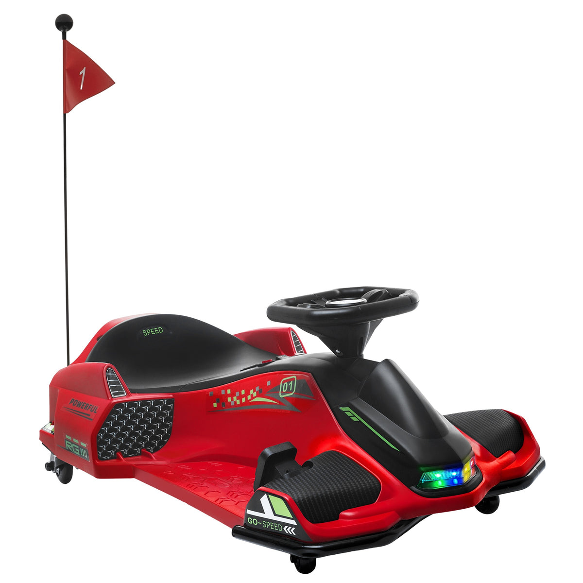 Aosom 12V Electric Go Kart, 5 MPH Drifting Car, Battery Powered Ride on Toy Outdoor with Slow Start, Music, Colorful Lights, for 8-12 Years Old, Red