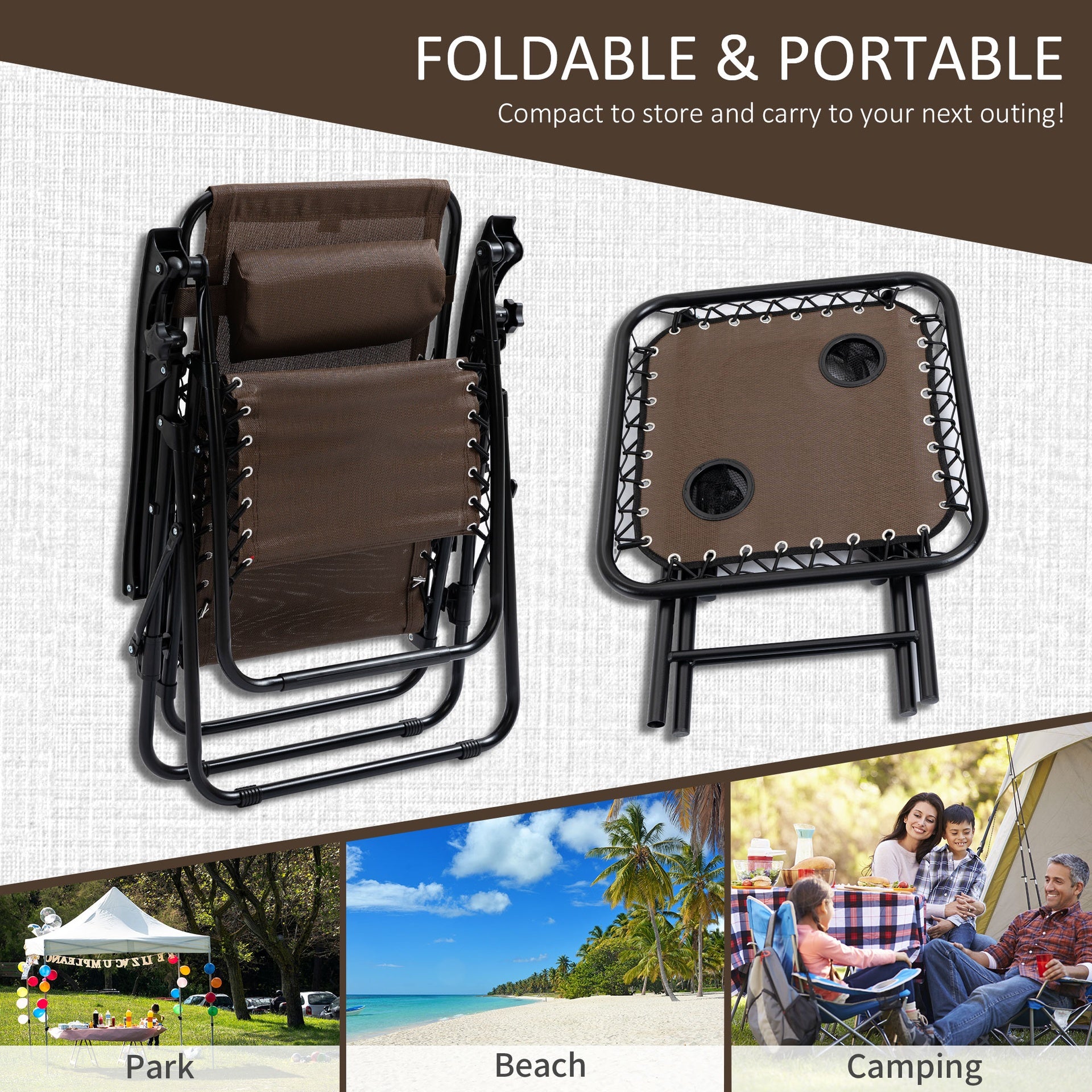 Outsunny Zero Gravity Chair Set with Side Table, Folding Reclining Chair with Cupholders & Pillows, Adjustable Lounge Chair for Pool, Backyard, Lawn, Beach, Brown