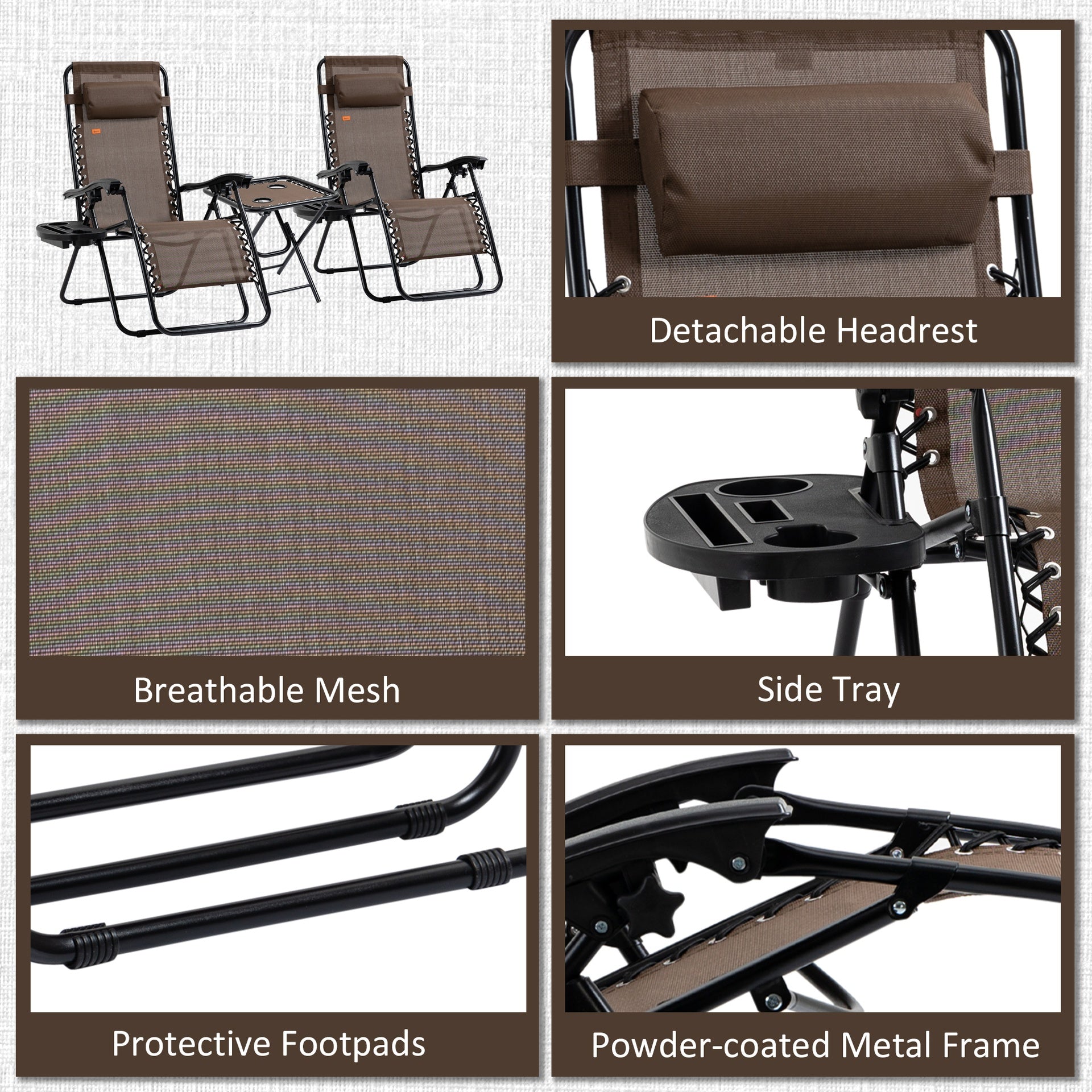 Outsunny Zero Gravity Chair Set with Side Table, Folding Reclining Chair with Cupholders & Pillows, Adjustable Lounge Chair for Pool, Backyard, Lawn, Beach, Brown