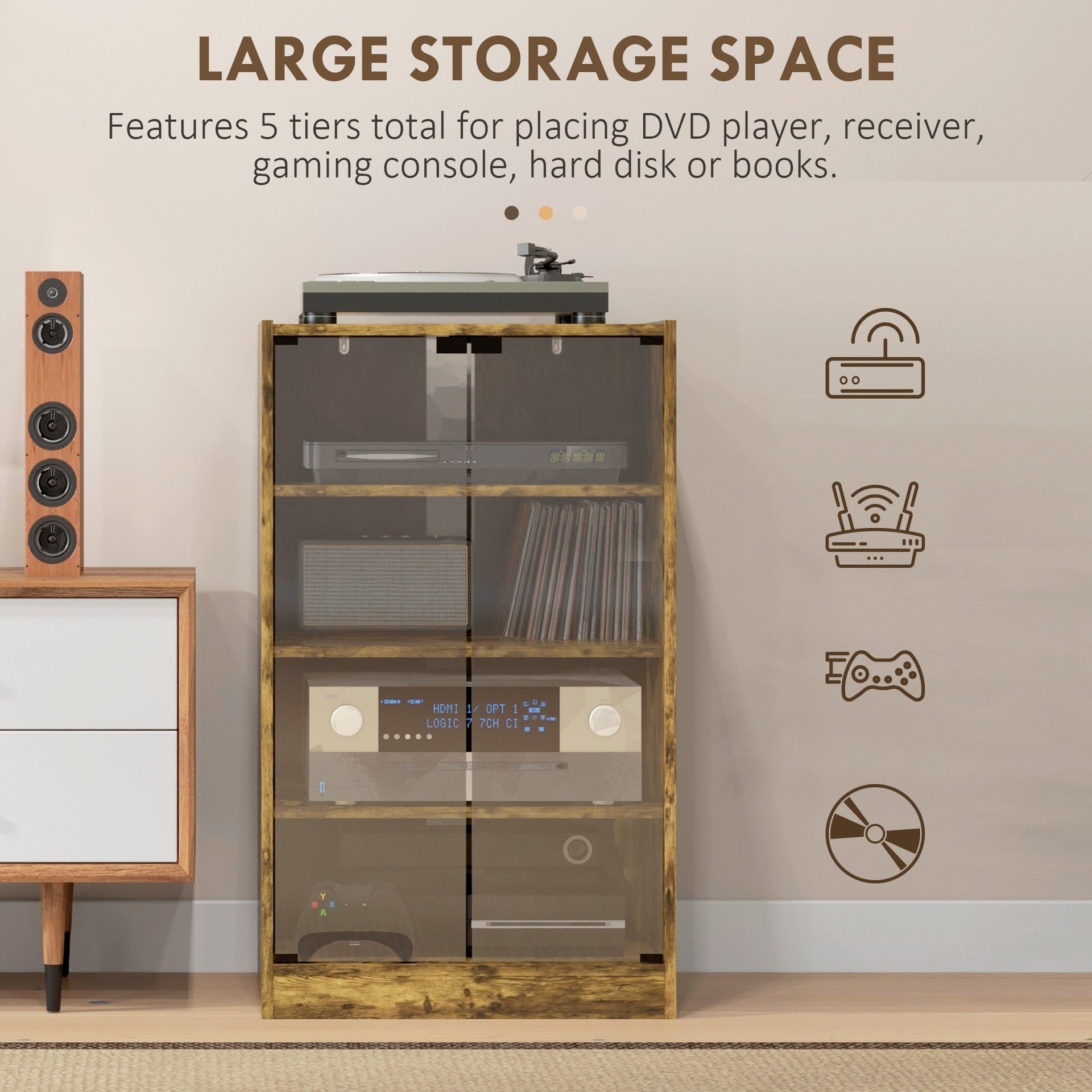 HOMCOM Media Cabinet, 4-Tier Stereo Cabinet, Modern Audio Video Media Stand with Adjustable Shelves, Tempered Glass Doors, and Cable Management, Rustic Brown