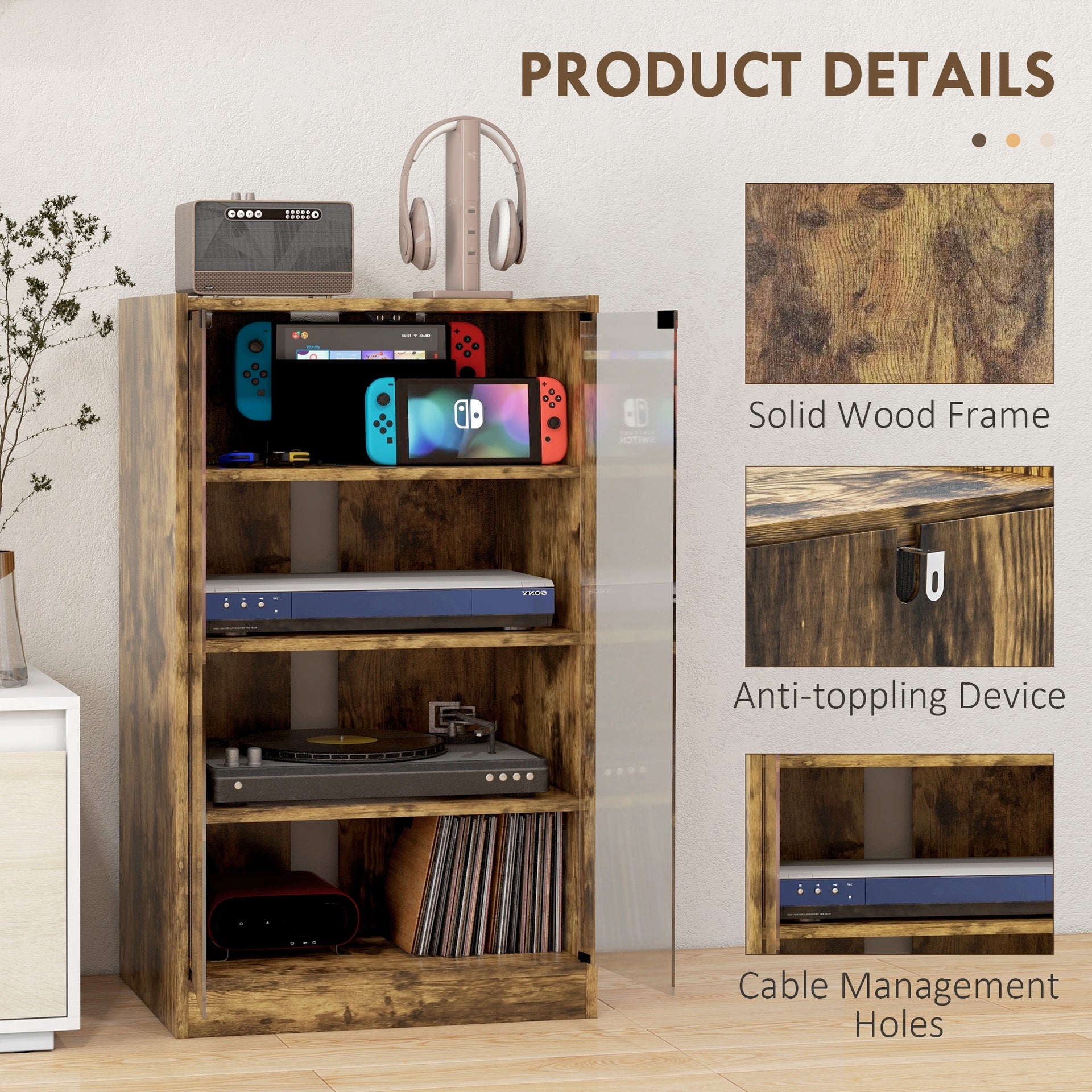 HOMCOM Media Cabinet, 4-Tier Stereo Cabinet, Modern Audio Video Media Stand with Adjustable Shelves, Tempered Glass Doors, and Cable Management, Rustic Brown