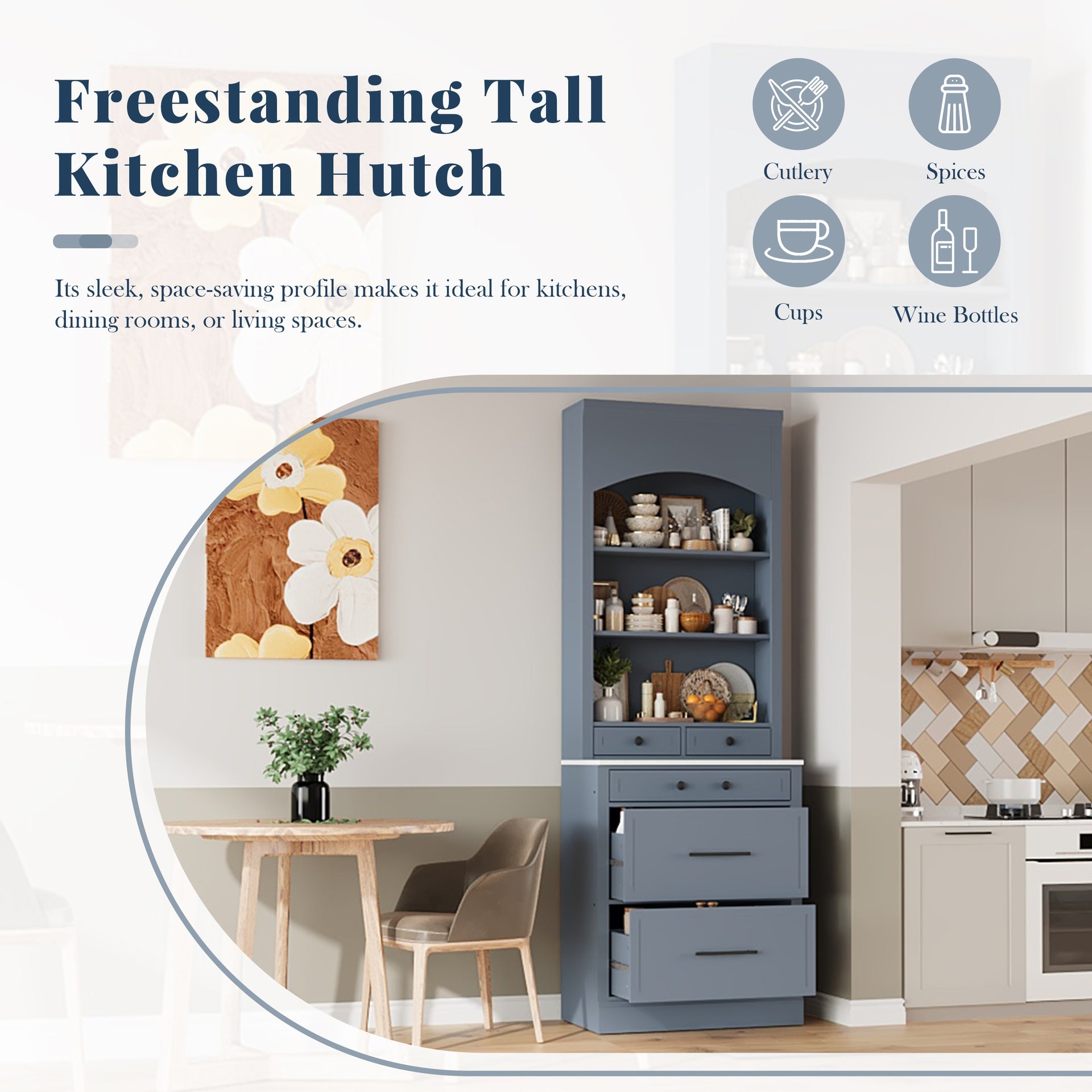 [Assembly Video Provided] TOPMAX Modern 83.7inch High Kitchen Pantry, Freestanding Tall Kitchen Hutch with Faux Marble Top, Display Cupboard Cabinet with 5 Storage Drawers and Adjustable Shelf, Gray