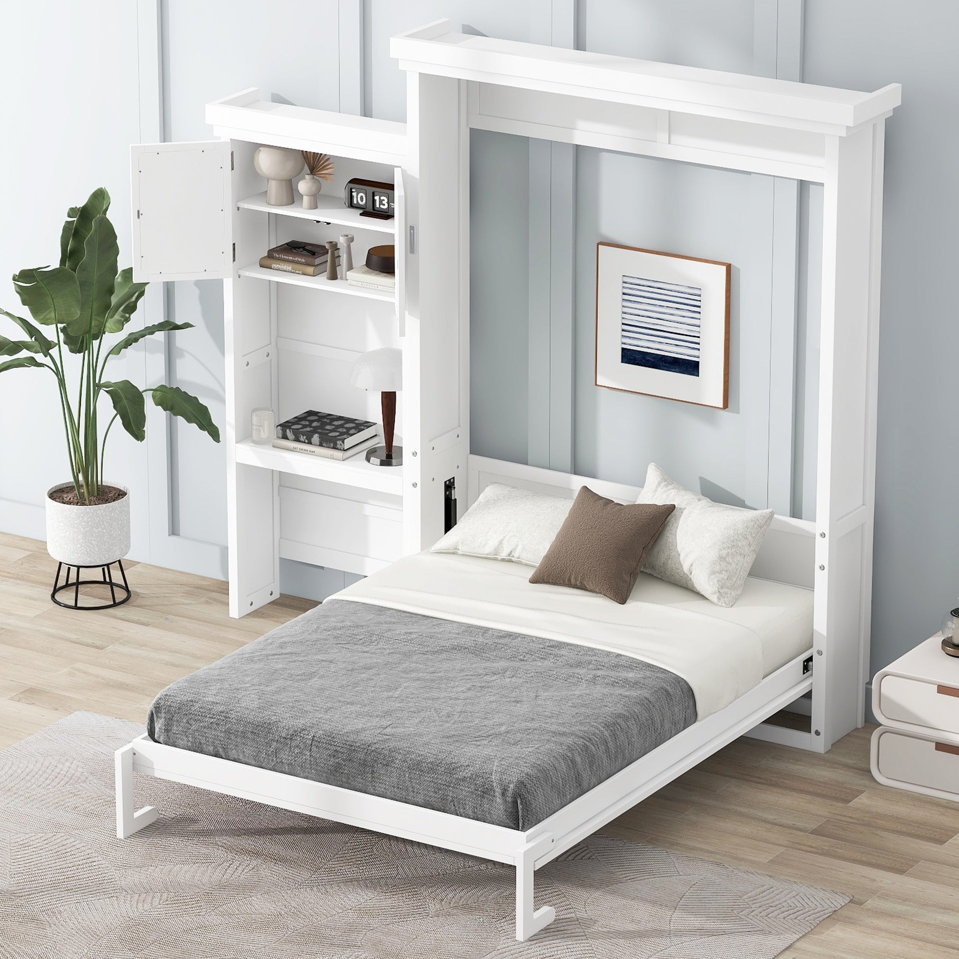 Queen Size Murphy Bed with Multiple Storage Shelves and Louvered Style Decoration, White