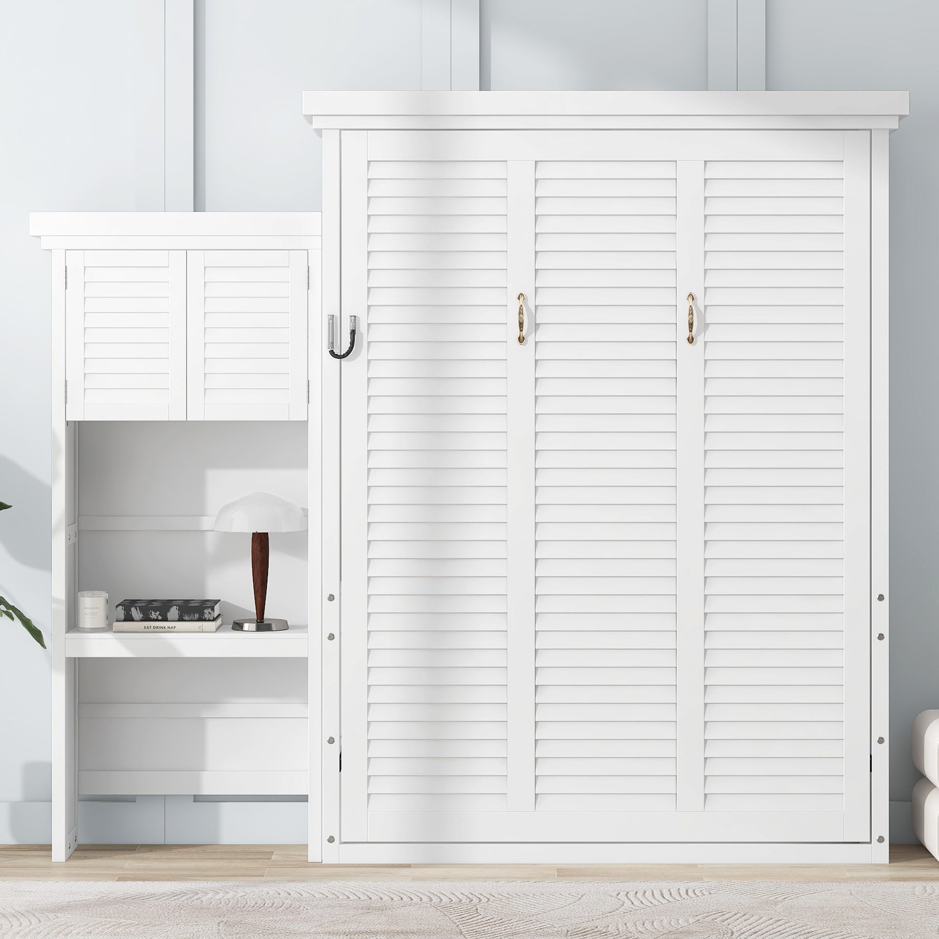 Queen Size Murphy Bed with Multiple Storage Shelves and Louvered Style Decoration, White