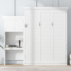 Queen Size Murphy Bed with Multiple Storage Shelves and Louvered Style Decoration, White