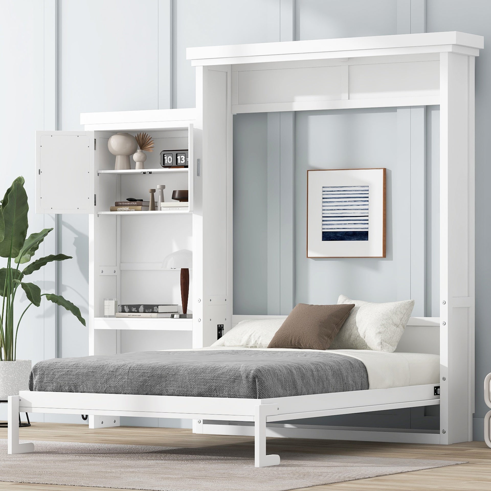 Queen Size Murphy Bed with Multiple Storage Shelves and Louvered Style Decoration, White