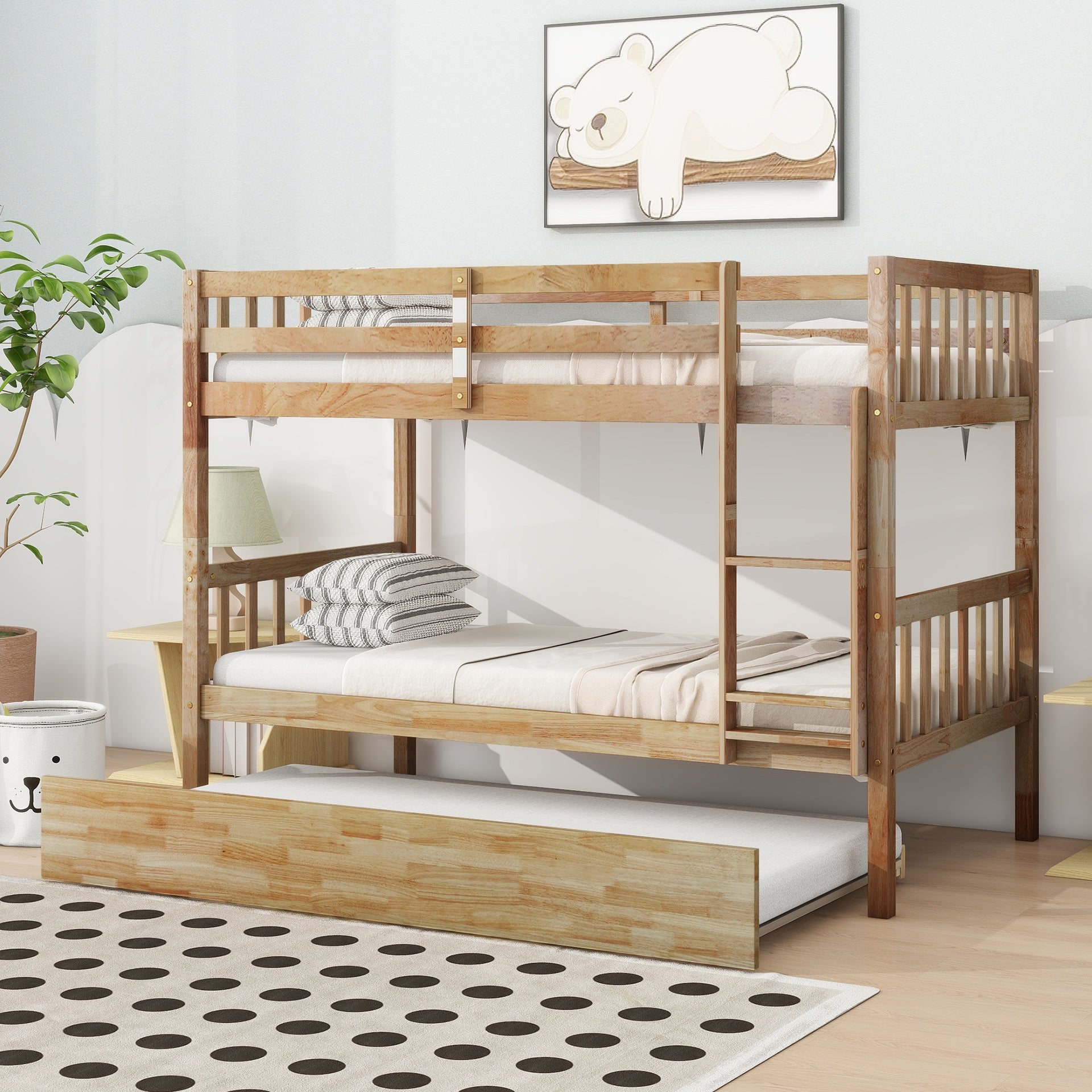Twin Over Twin Rubber Wood Bunk Bed with Trundle, Convertible into 2 Twin Size Beds, Twin Size Bunk Bed with Ladder and Safety Guardrails,White Oak