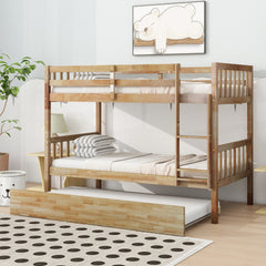 Twin Over Twin Rubber Wood Bunk Bed with Trundle, Convertible into 2 Twin Size Beds, Twin Size Bunk Bed with Ladder and Safety Guardrails,White Oak