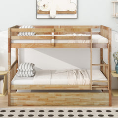 Twin Over Twin Rubber Wood Bunk Bed with Trundle, Convertible into 2 Twin Size Beds, Twin Size Bunk Bed with Ladder and Safety Guardrails,White Oak
