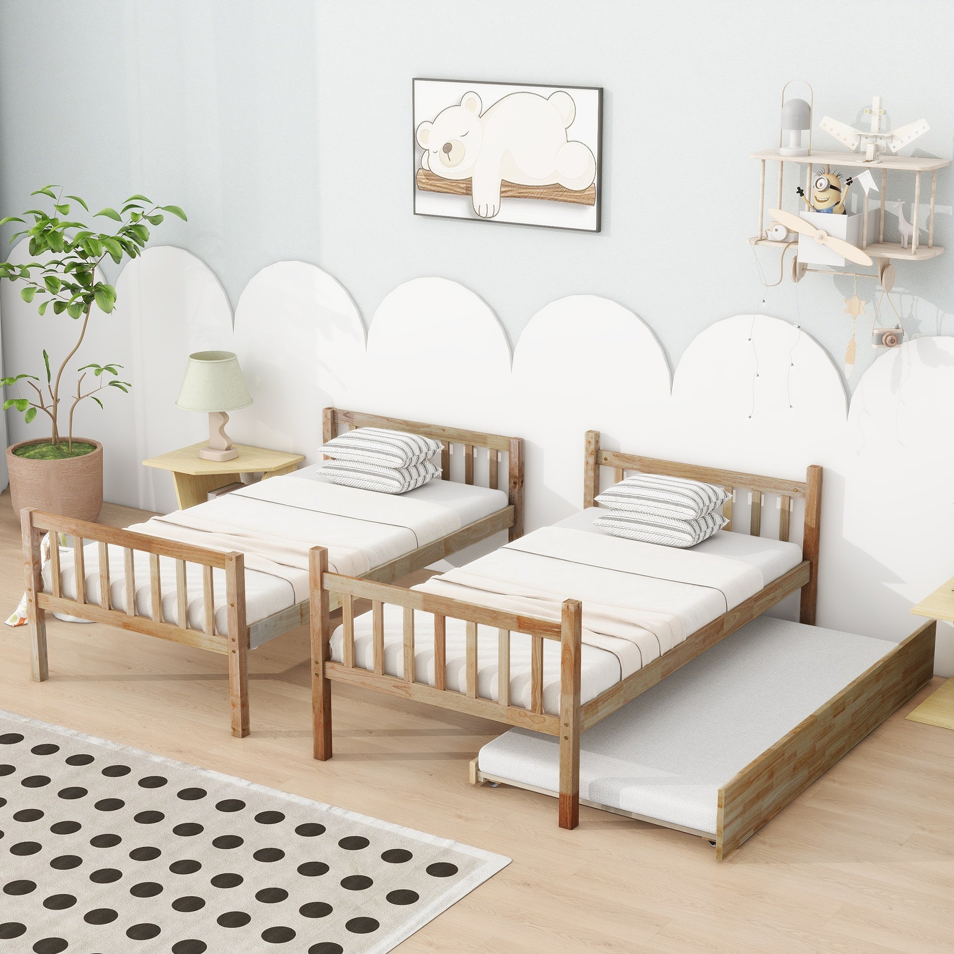 Twin Over Twin Rubber Wood Bunk Bed with Trundle, Convertible into 2 Twin Size Beds, Twin Size Bunk Bed with Ladder and Safety Guardrails,White Oak