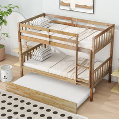 Twin Over Twin Rubber Wood Bunk Bed with Trundle, Convertible into 2 Twin Size Beds, Twin Size Bunk Bed with Ladder and Safety Guardrails,White Oak