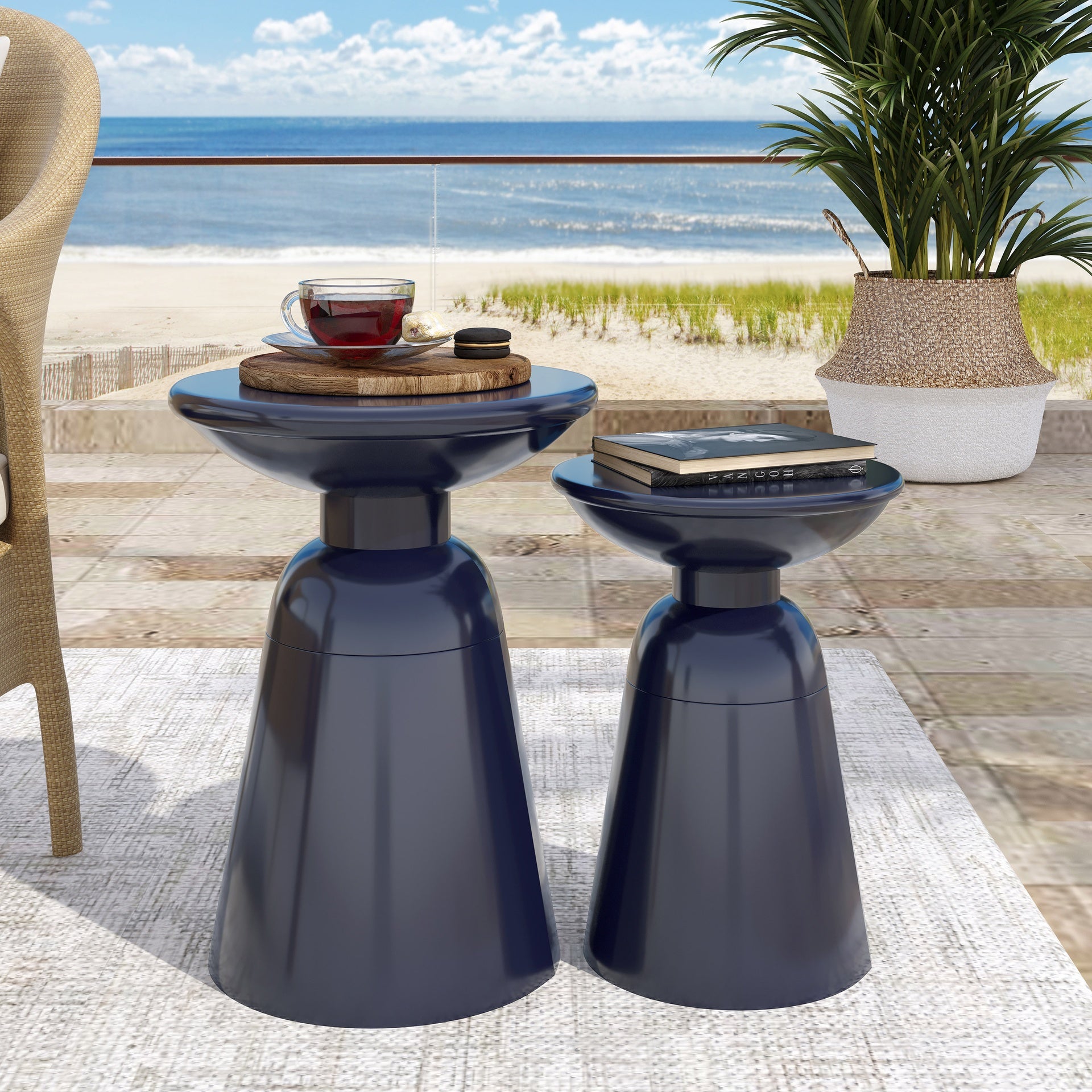 Serenita Outdoor Iron Side Tables with Flared Design, Set of 2 , Navy Blue