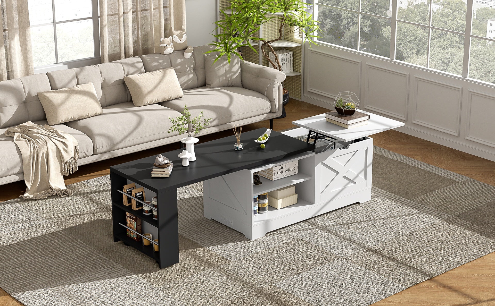 U-Can Farmhouse  Lift Top Coffee Table With Barn Doors, Wood Rectangle Center Table With Large Hidden Storage Space And Open Cabinet, For Living Room, Bedroom, Home Office