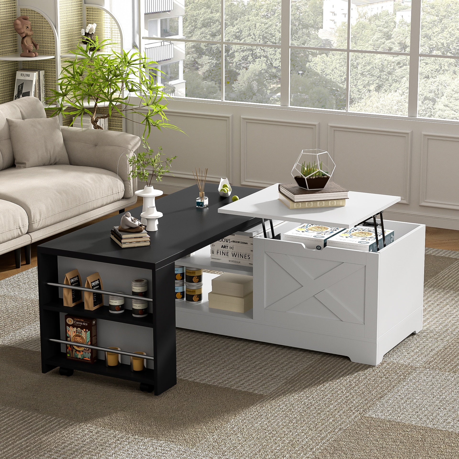 U-Can Farmhouse  Lift Top Coffee Table With Barn Doors, Wood Rectangle Center Table With Large Hidden Storage Space And Open Cabinet, For Living Room, Bedroom, Home Office