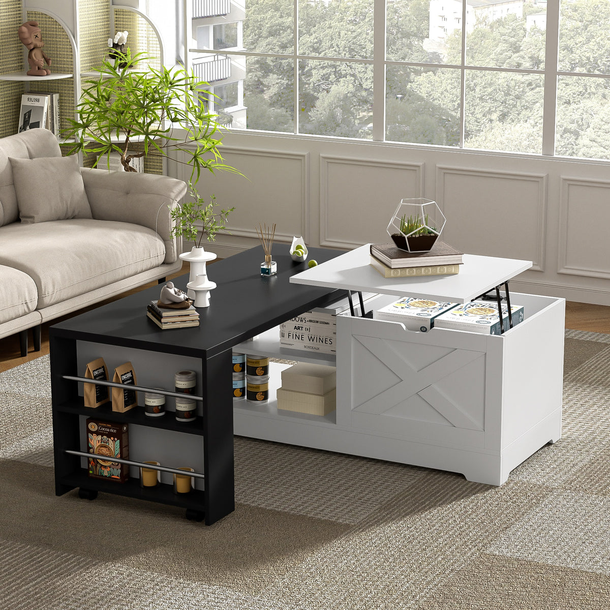U-Can Farmhouse  Lift Top Coffee Table With Barn Doors, Wood Rectangle Center Table With Large Hidden Storage Space And Open Cabinet, For Living Room, Bedroom, Home Office