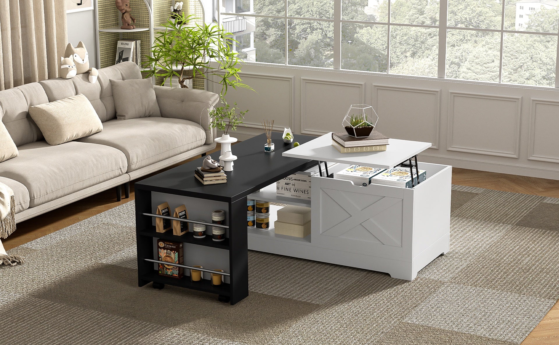 U-Can Farmhouse  Lift Top Coffee Table With Barn Doors, Wood Rectangle Center Table With Large Hidden Storage Space And Open Cabinet, For Living Room, Bedroom, Home Office