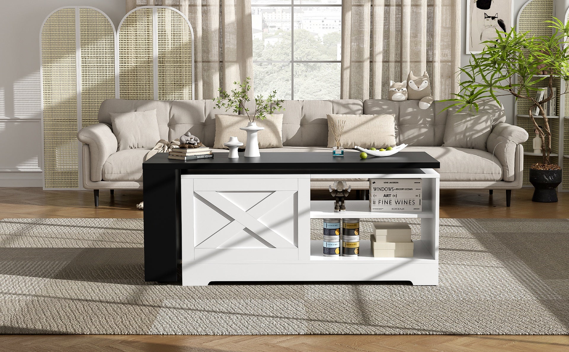 U-Can Farmhouse  Lift Top Coffee Table With Barn Doors, Wood Rectangle Center Table With Large Hidden Storage Space And Open Cabinet, For Living Room, Bedroom, Home Office