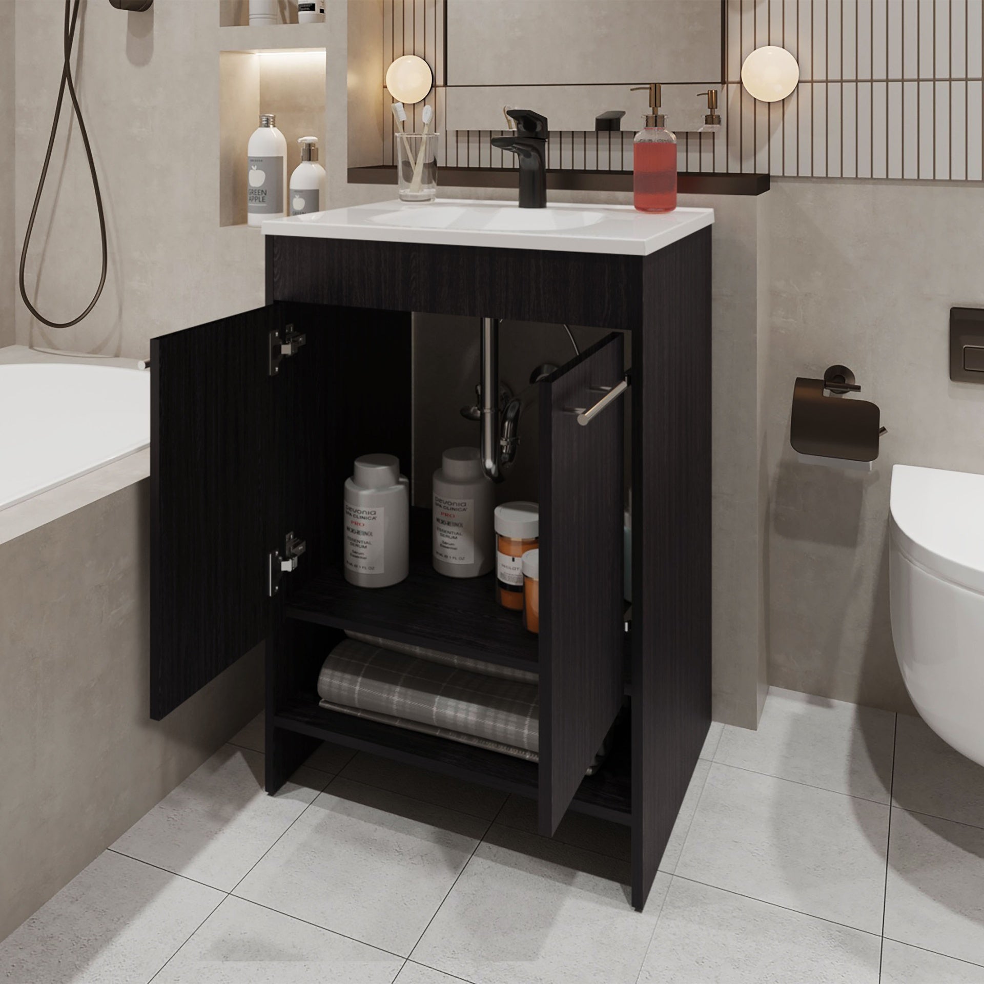 Shell Bathroom Vanity  with  2 Doors and Open Storage, Wengue
