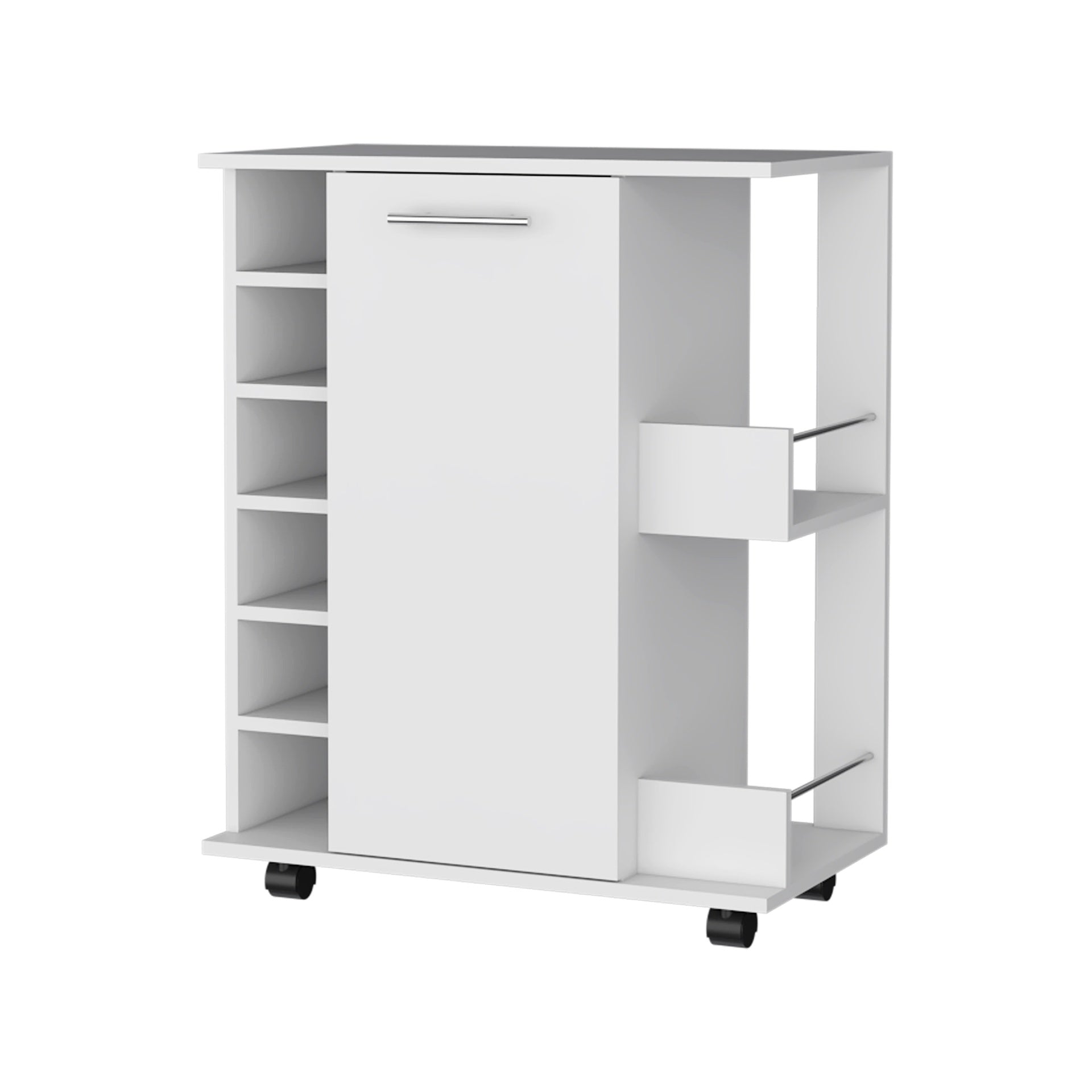 Newport Bar Cart with Casters, 6-Built In Rack and 2 Open Shelves