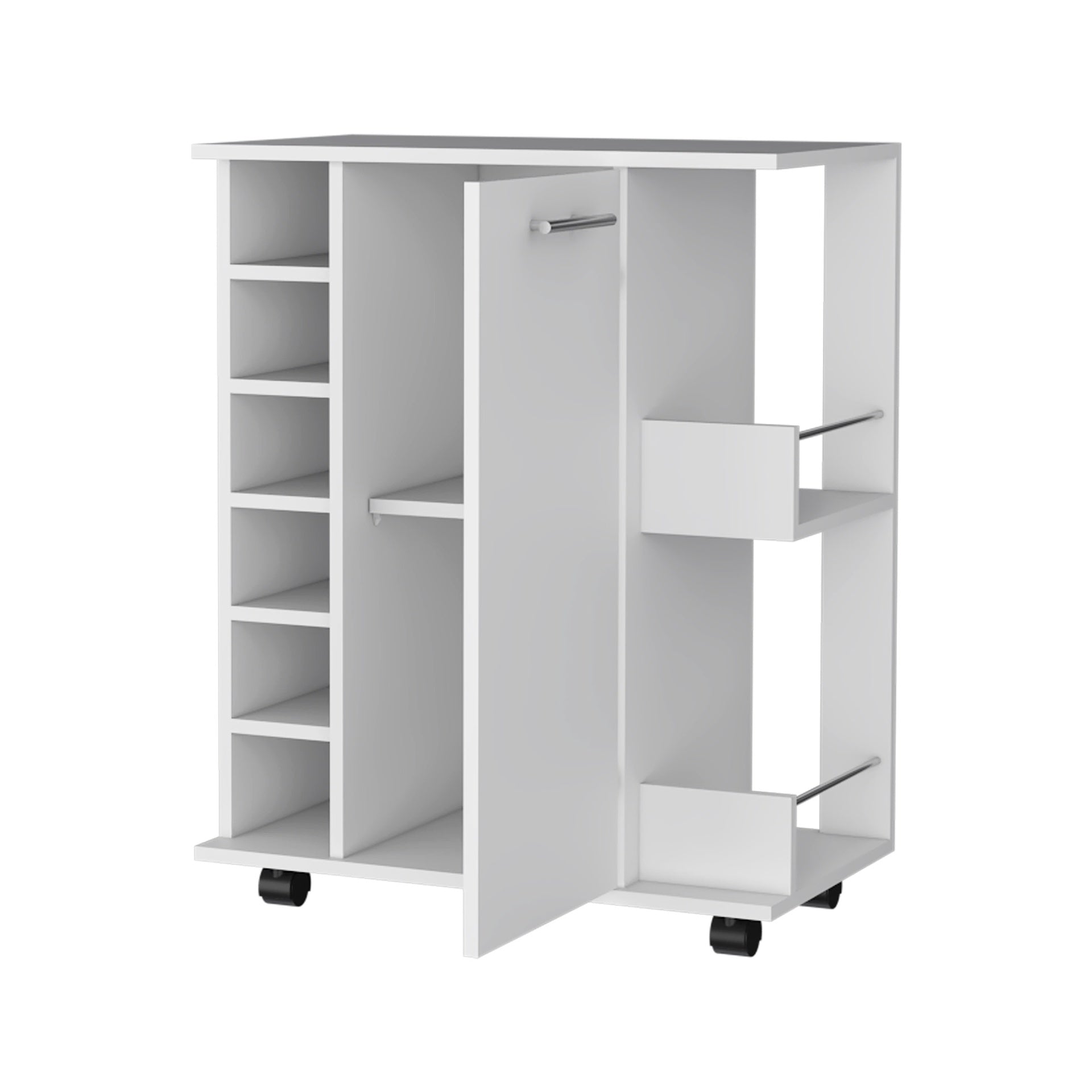 Newport Bar Cart with Casters, 6-Built In Rack and 2 Open Shelves