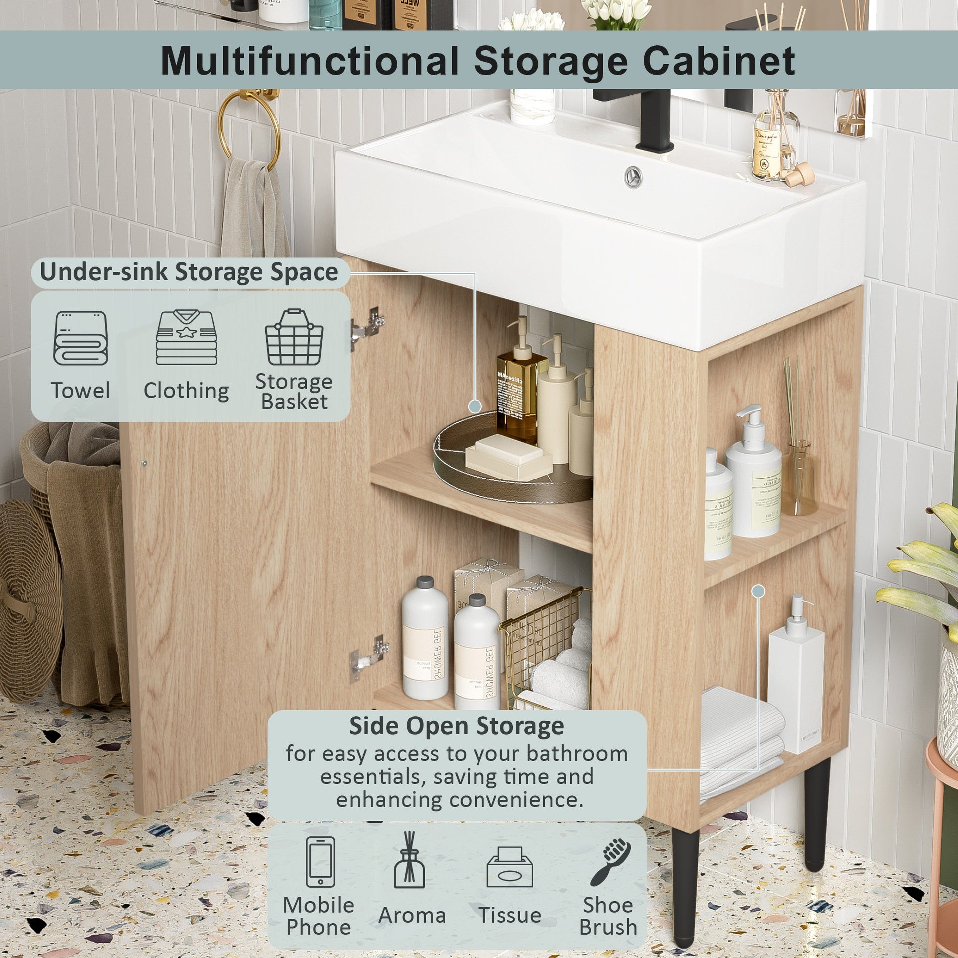 21.6" Wood Bathroom vanity, Combo Cabinet, Bathroom Storage Cabinet, Single Ceramic Sink, Right side storage