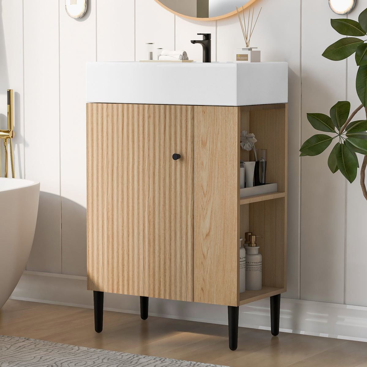 21.6" Wood Bathroom vanity, Combo Cabinet, Bathroom Storage Cabinet, Single Ceramic Sink, Right side storage