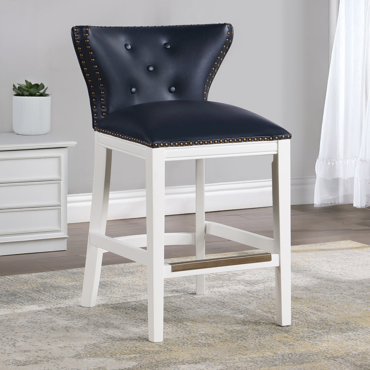 Macon Midnight Blue Faux Leather and White Wood Counter Stool