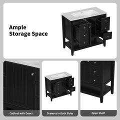36" Bathroom Vanity without Sink, Cabinet Base Only, One Cabinet and three Drawers, Black