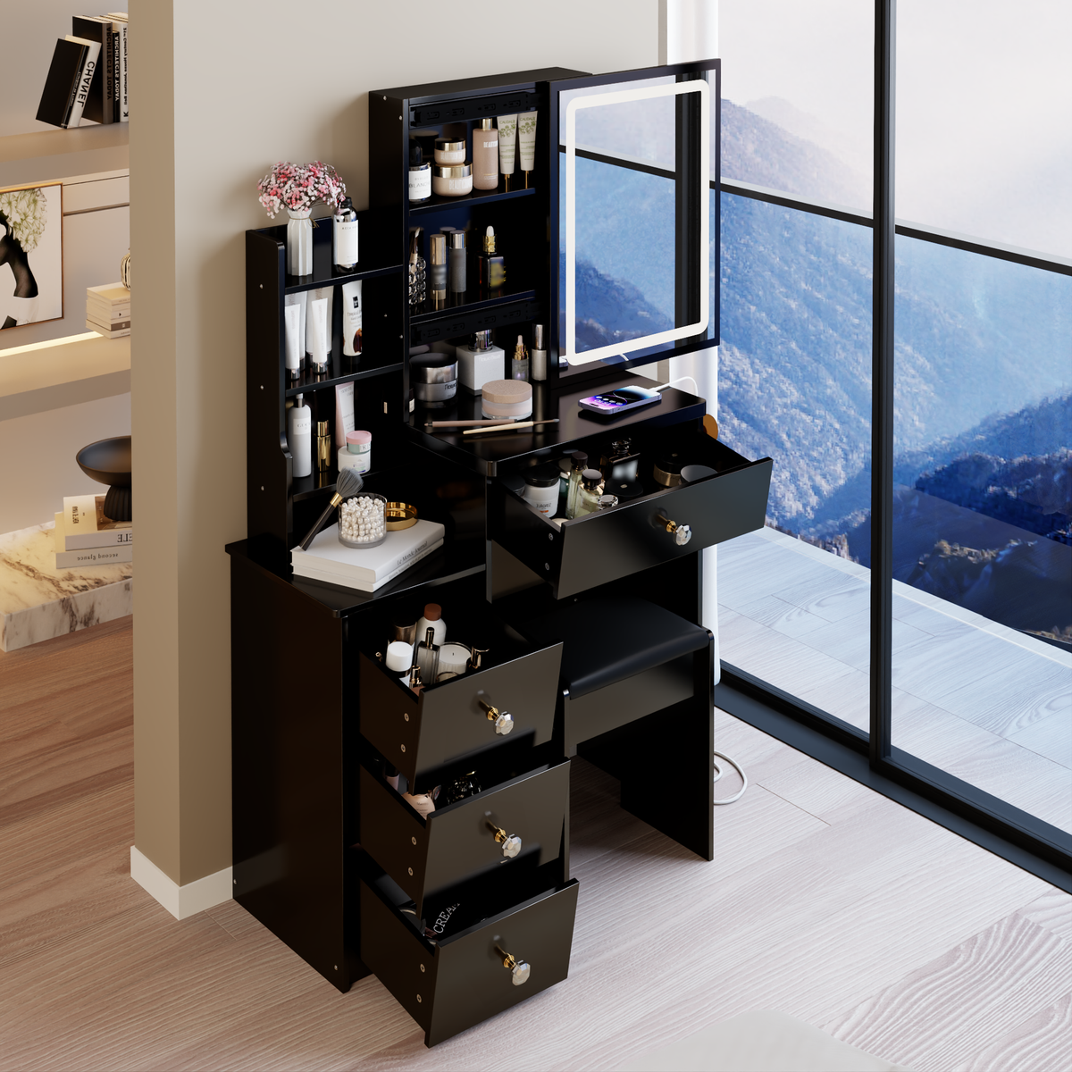 29.2 inch  Small Size Bedside Cabinet Vanity Table + Cushioned Stool, 2 AC+2 USB Power Station, Hair dryer bracket, Extra Large Touch Control Sliding LED Mirror, 3-color Switching, EPA, GCC, UL Certificate